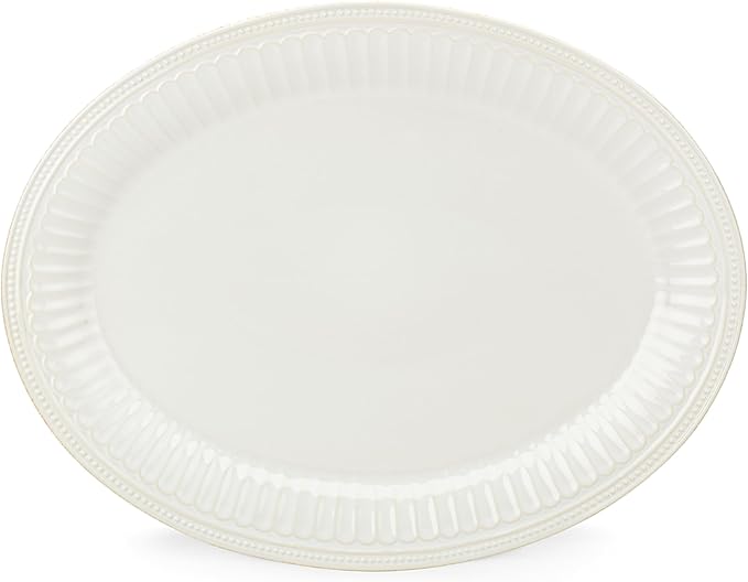 Lenox Serveware, Lenox French Perle Groove White Serving Platter, Oval Shape, 16-Inch, Stoneware, Dishwasher Safe, Turkey Platter for Thanksgiving, Winter Hosting, Christmas Serving (White, 1 Piece)