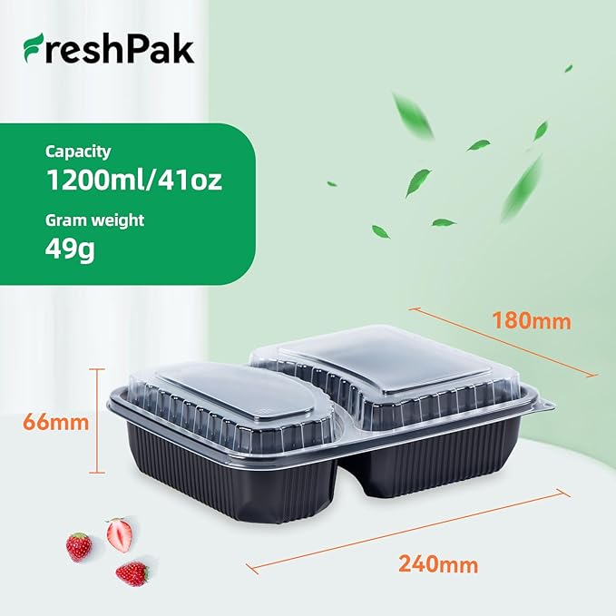 Takeout Containers Reusable 40 Pack 41oz - Shrink Wrap Leakproof | Portion Control Leftovers Plastic Container with Lid | BPA Free Freezer & Microwave Safe Meal Prep | 2 Compartment Lunch Box