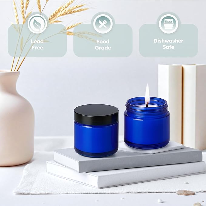 4 oz Glass Jars with Lids, 24 Pack Blue Small Glass Jars with Black Lids Leakproof Round Airtight Empty Cosmetic Travel Containers with Inner Liners For Lotions Powders and Candle Making