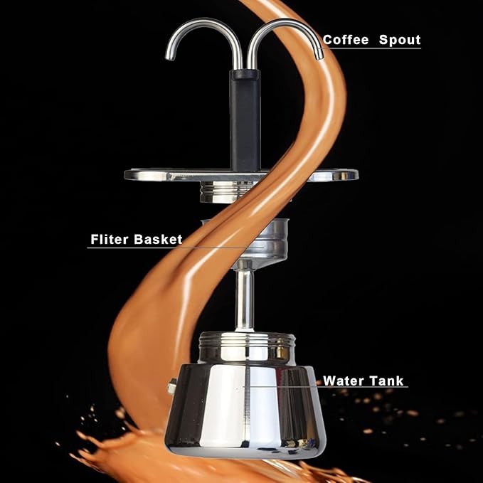 Stainless Steel Moka Pot,2 Cup Stovetop Double Spout Espresso Maker, Easy to operate, Making Coffee Quickly,100ML Moka Pot for Home Outdoor Camping