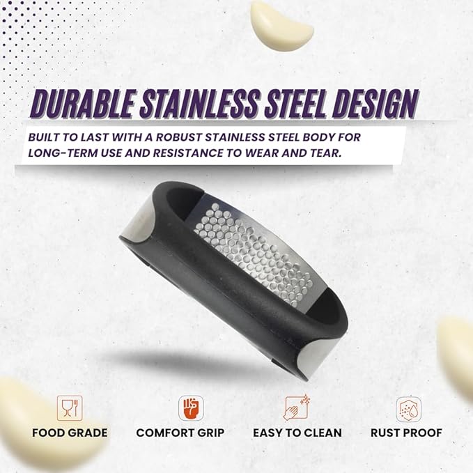 Garlic Press Rocker Set- Premium Garlic Crusher- Innovative & Fast Garlic mincer- Peeler and Scraper Included- Comfortable Grip