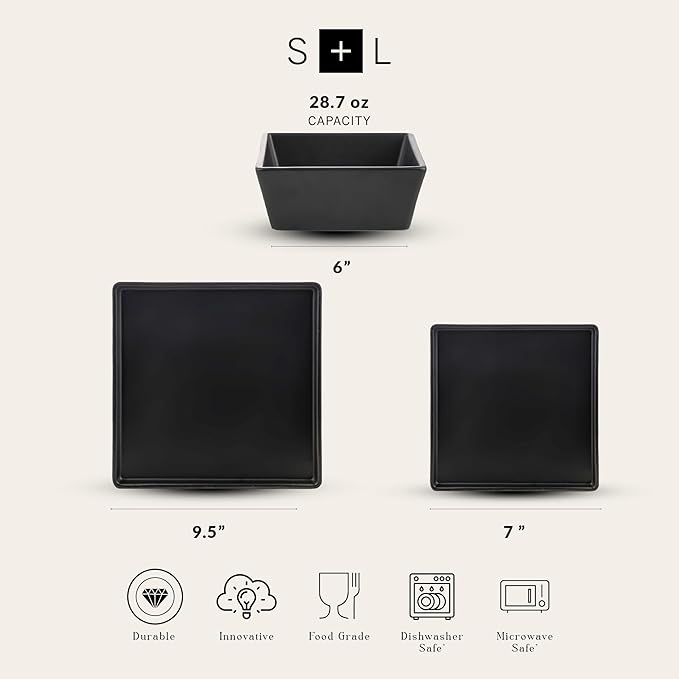 Stone Lain 24 Pieces Stoneware Square Dinnerware Set, Black Matte