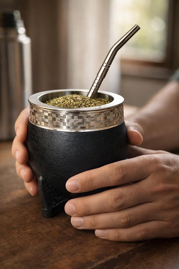 Yerba Mate Cup Set with Straw (Bombilla), Imperial Argentina-Style Mate Cup with Stainless Steel Interior, Alpaca Silver Band and Steel Rim, Handmade with Traditional Argentino Craft
