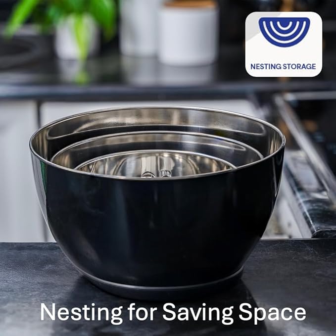 WHYSKO Stainless Steel Mixing Bowls Set of 3 with Non-Slip Silicone Base, Nesting Metal Bowls for Meal Prep, Baking, Cooking & Food Storage, Dishwasher Safe Kitchen Mixing Bowls, Black