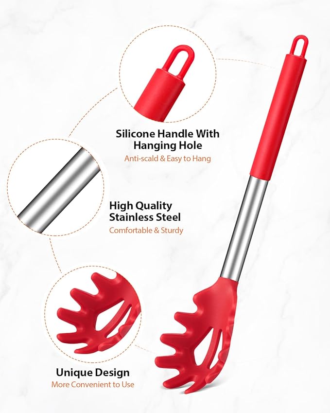 Silicone Spaghetti Spoon & Pasta Tong, Non-Stick Stainless Steel Handle Pasta Fork Set with Teeth, Food Clip for Easy Serving of Noodles (Red)