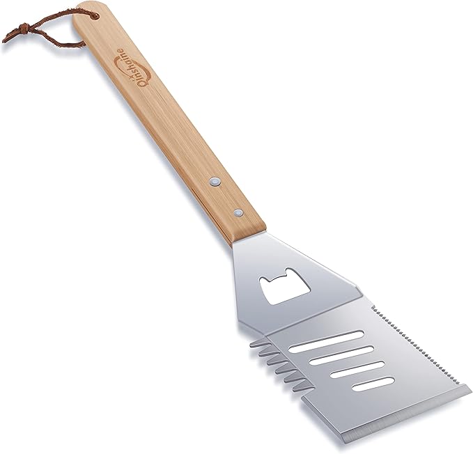 4-in-1 BBQ Spatula, Multifunction Grill Spatula with Wooden Handle, perfect for BBQ grills and kebabs for camping picnics