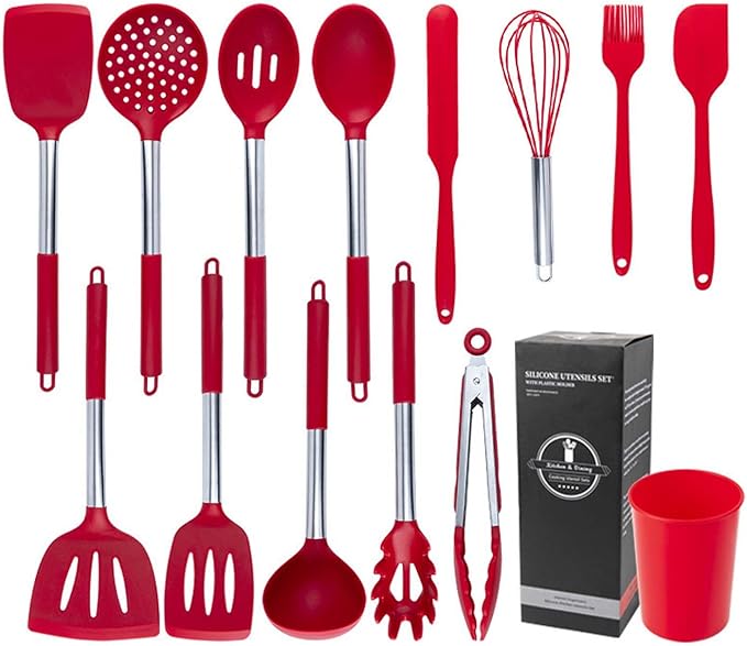 Silicone Kitchen Tools - Non - Stick, Anti - Slip, High - Temperature Resistant, Scald - Proof 14 - Piece Set with Stainless Steel Tube Handles & a Storage Bucket (Red)