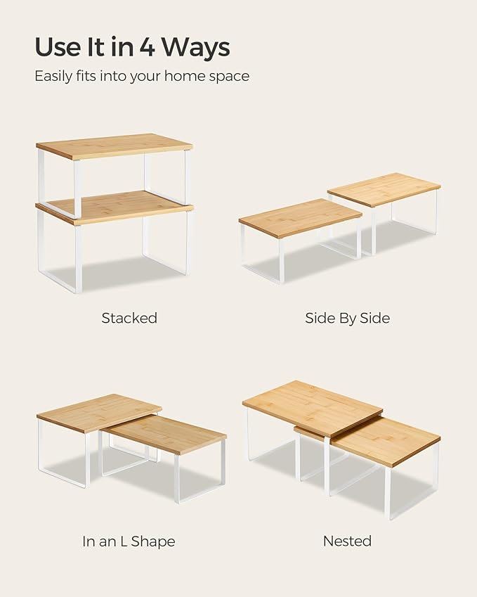 SONGMICS Cabinet Organizer Shelf, Set of 4 Kitchen Counter Shelves, Kitchen Storage, Spice Rack, Stackable, Expandable, Metal and Engineered Wood, Cloud White and Natural Beige UKCS010N01