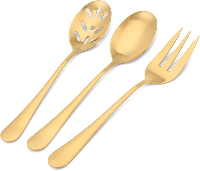 Matte Gold Serving Set，SHARECOOK 5-Piece 18/0 Stainless Steel Large Hostess Set with Round Edge, Satin Finished, Dishwasher Safe -Spoons, Forks,Butter Knife& Slotted Spoon
