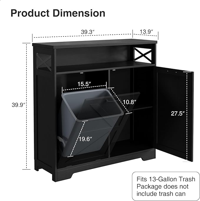 Befrases Tilt Out Trash Can Cabinet for 13 * 1 Gallon Trash Can, Farmhouse Kitchen Island Cabinet with Adjustable Shelf for Hidden Laundry Basket, Dog Proof Garbage Can for Dining Living Room, Black