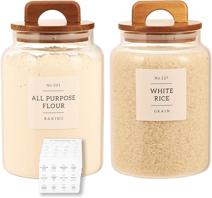 2 Pack Large Glass Flour and Sugar Containers with 132 Pantry Labels - 64 FL OZ Glass Canisters with Bamboo Airtight Lids - Farmhouse Glass Cookie Jars for Rice, Pasta, Cereal, Bath Salt