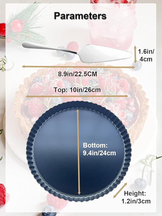 10 Inch Round Quiche Pans with Pie Server. Removable Bottom, Non-Stick Coating, Rugged Carbon Steel for Tart Quiche Pie Cake Baking. Gift for Women Wife Christmas Thanksgiving Party Festival