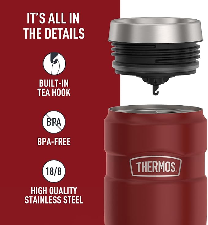 THERMOS Stainless King Vacuum-Insulated Stainless Steel Tumbler - 16oz, Rustic Red - Insulated Coffee Tumbler for Hot & Cold Drinks - Leak-Proof & Sweat-Proof for Commuting & Traveling