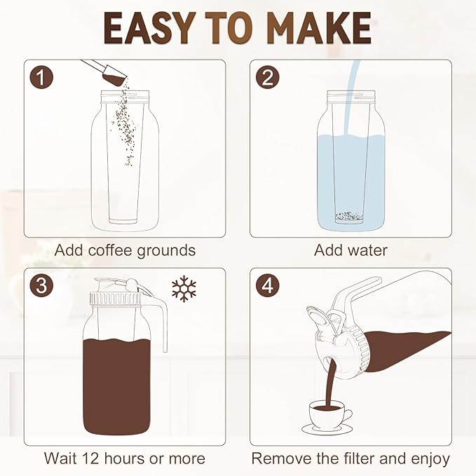 OneDream Cold Brew Coffee Maker - 2 Quart 64oz Stainless Steel Filter Cold Brew Pitcher Jar, No Leaks Cold Brew Mason Jar Coffee Maker, Easy to Clean Cold Coffee Maker
