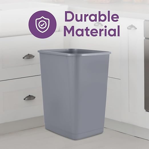 Superio Kitchen Trash Can 9 Gallon Slim Unlidded Waste Bin Only 37 Qt Durable Plastic, Fit Small Spaces, Office, Bathroom, Under Counter (Grey)
