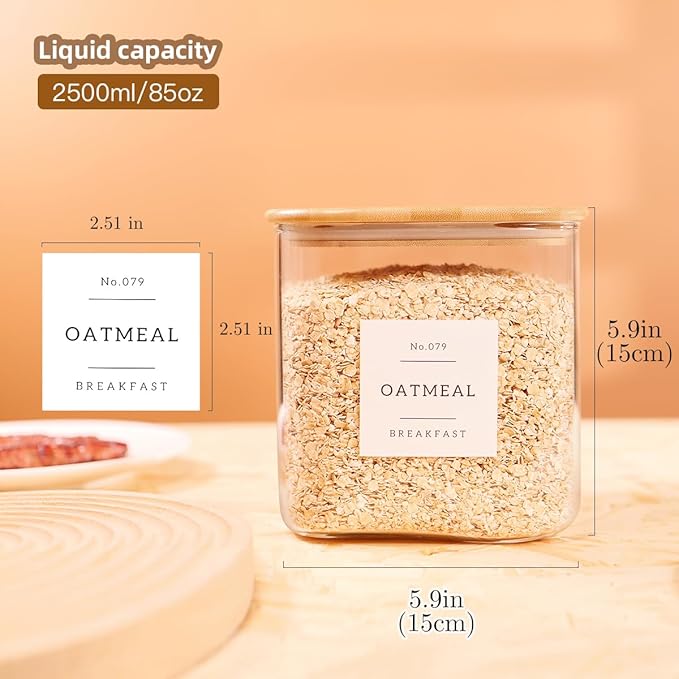 2 Pack Square Glass Flour and Sugar Containers with 132 Kitchen Pantry Labels - Thicken 85 FL OZ Large Glass Storage Jars with Airtight Bamboo Lid - Big Food Canisters for Cookies, Candy, Tea, Coffee