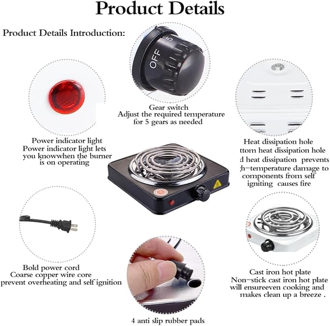 Compact and Portable Countertop Burner- Countertop Single Coiled Burner 1000 Watts Electric Hot Plate Temperature Controls Black