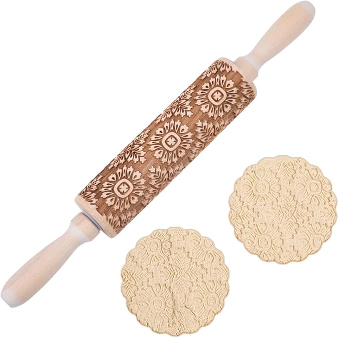 Embossed Wooden Rolling Pin Flower Print 35cm Rolling Pin for Baking Biscuits 3D Pattern DIY Kitchen Tool Baking Accessories Homemade Bakery Pastry Cookie Fondant Dough Pizza