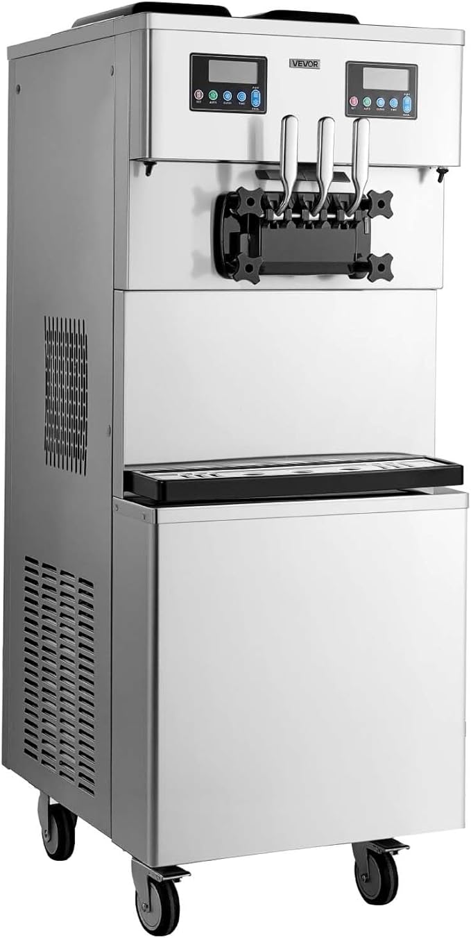 VEVOR Commercial Ice Cream Machine, 34-44L/H Yield, Dual-Compressor Freestanding Soft Serve Ice Cream Maker with 2 * 10L Hoppers & 3 Flavors, Pre-Cooling Puffing Low-Mix Alert for Snack Dessert Shops