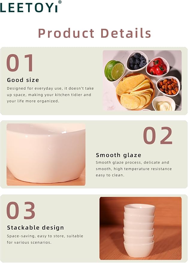 LEETOYI Mini Ceramic Ramekins Souffle Dishes 1.5 OZ, Small Dipping Bowls, Sauce Dip Bowls for Kitchen Serving Sauce Condiments, Oven & Microwave Safe, Set of 6, White