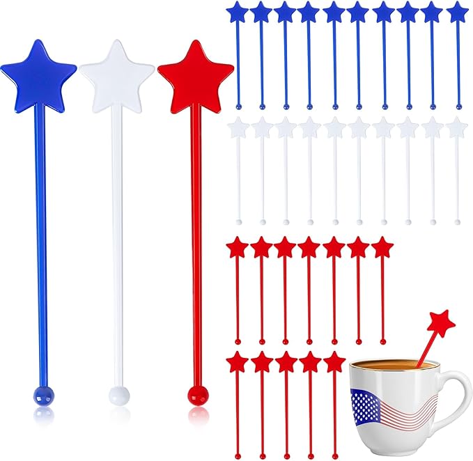 Jansun 100 Pcs 4th of July Patriotic Cocktail Stirrers, Red White and Blue Drink Stirrers Reusable Coffee Stirrers Plastic Swizzle Sticks Stir Sticks for Fourth of July Independence Day Party Supplies