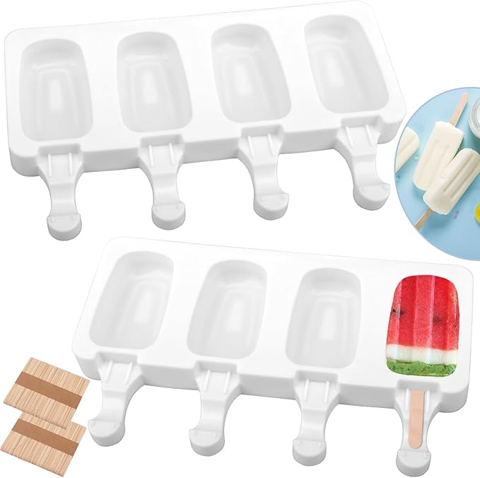 2 Set Silicone Popsicle Molds 4 Cavities Ice Cream Oval Cake Molds with 100 Sticks, Reusable Ice Pop & Cakesicle Mould for Kids, DIY Frozen Treats, Summer Snacks, Parties Favors, Easy Release (White)