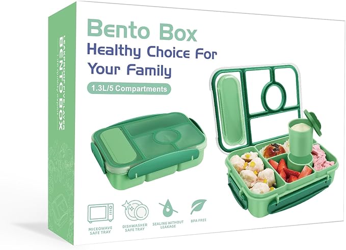 Amathley Bento Box Adult Lunch Box Kids,Lunch Containers for Adults/Kids/Toddler,5 Compartments Bento Lunch Box with Sauce Vontainers,Microwave & Dishwasher & Freezer Safe,BPA-Free (Green)