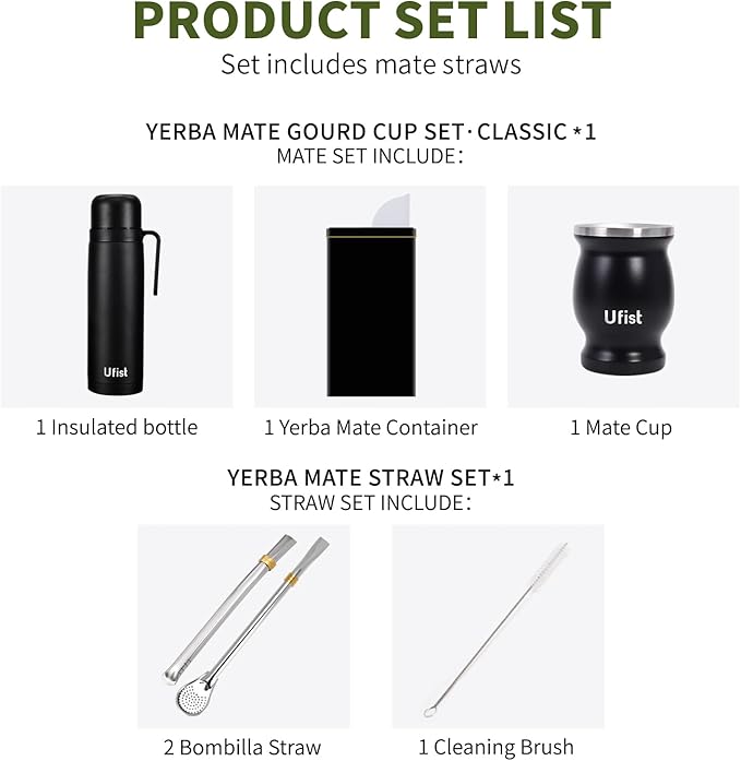 Yerba Mate Set with 34 oz Insulated Bottle, 8.4 oz Gourd Cup, Bombilla Straws, Tea Container, Stainless Steel (Argentina)