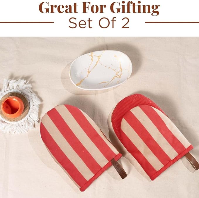 Folkulture Red Oven Mitts - Set of 2 (5.75"x9") | Cute Red Oven Mitts with Hanging Loop for Cooking Gifts, 100% Cotton, Silicone Heat Resistant Oven-Gloves for New Home Essentials