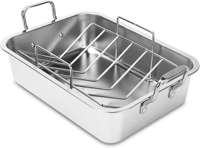 Nonstick Roasting Pan, 15 Inch Stainless Steel Turkey Pan with V-Shaped Rack &Cooling Rack - Rectangular Roaster for Turkey, Chicken, Vegetables,Healthy & Dishwasher Safe - Fits 20lb Turkey