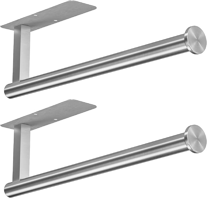 ASTOFLI Paper Towel Holder Under Cabinet No Drilling, Self Adhesive Paper Towel Holder Wall Mount for Kitchen Rack, Under Counter Napin Holder No Drill, RV, 304 Stainless Steel, Silver 2 Pack