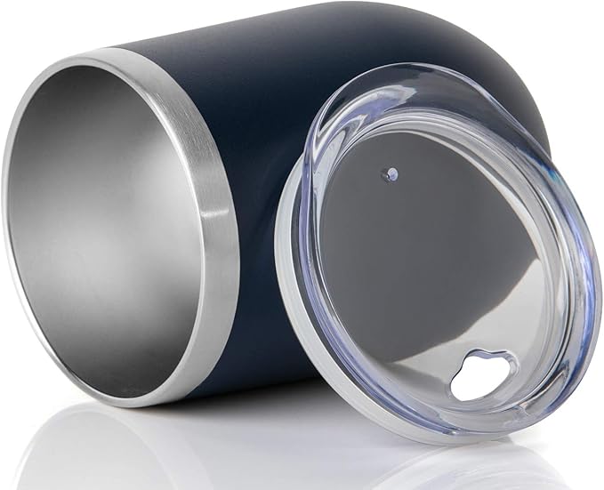 COMOOO 12oz Stainless Steel Wine Tumbler with Lid and Straw Double Wall Vacuum Insulated Wine Tumbler Cup Stemless for Hot and Cold Drinks, Coffee, Wine, Cocktails Navy, 8 Pack