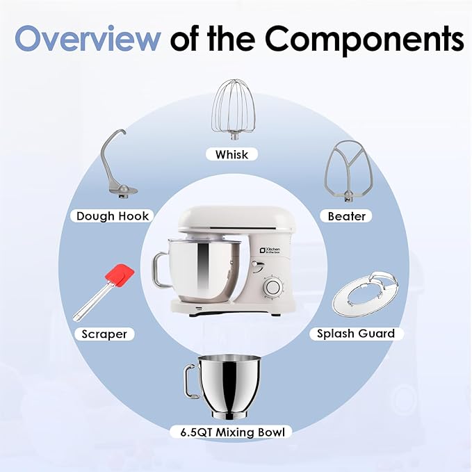 Kitchen in the box Stand Mixer - 6.5 Quart Mixing Bowl with Handle, 900 Watt Heavy Bread Dough Standing Mixers Tilt-head with Dough Hook, Whisk, Flat Beater and Splash Guard (Cream)