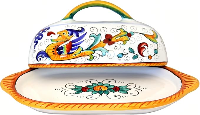 Deruta Italy Raffaellesco Butter Dish | 1 Piece 8.5 x 4 x 4.5 Inch| Handcrafted & Handpainted Italian Ceramics | Authentic Pottery Handmade Kitchen Container Display Renaissance Art Home Decor Gift