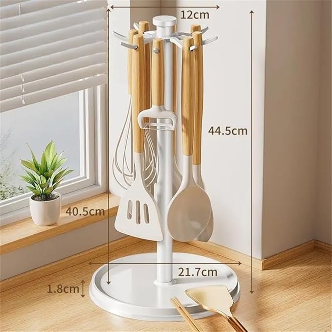 Rotatable Hanging Organizer with 8 Hooks for Kitchen Utensils, 360 Degree Swivel Countertop Holder for Cooking Tool Storage (White)