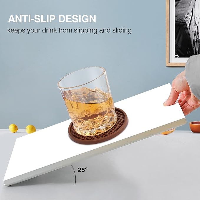3 Pack Silicone Coasters for Drinks, Thickened Coaster with Deep Tray Grooved Design Cup Mat, Washable Heat Resistant Durable Non-Slip Coasters for Coffee Table Wooden Desk Kitchen Bar (Brown)