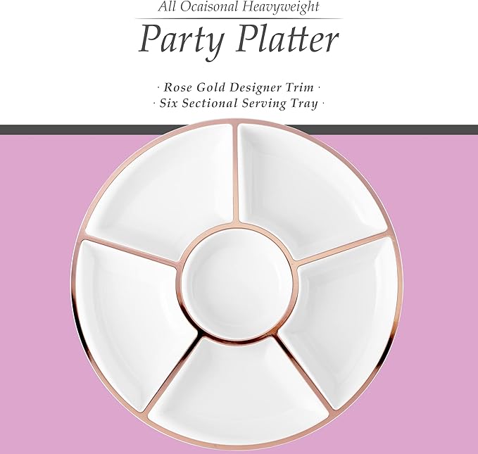 Plasticpro 6 Sectional Round Plastic Serving Tray/Platter (4, White & Rose Gold)