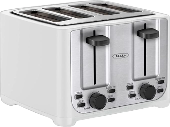 BELLA 4 Slice Toaster with Auto Shut Off - Extra Wide Slots & Removable Crumb Tray and Cancel, Defrost & Reheat Function - Toast Bread & Bagel, White