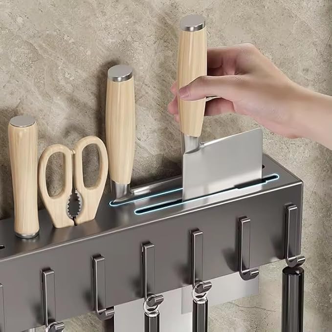 Wall-Mounted Kitchen Organizer - Knife & Utensil Holder with Hooks for Cooking Tools & Towels | Space-Saving Kitchen Storage Rack | Heavy-Duty, Easy Installation & Rust-Resistant.