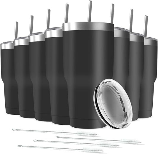 30oz Tumbler Vacuum Insulated Travel Mug with Lids, Stainless Steel Double Wall Bulk Cup for Home, Office, Outdoor Suitable for Vehicle Cup Holders(Set of 8, Black)