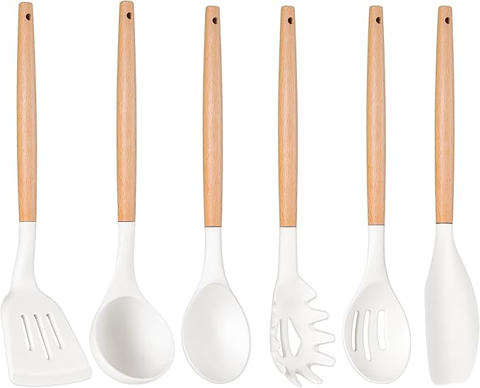 P&P CHEF Cooking Utensils Set, 6 PCS Kitchen Utensils with Wooden Handle, Silicone Spatula for Nonstick Cookware, Easy Clean & Non-toxic, White
