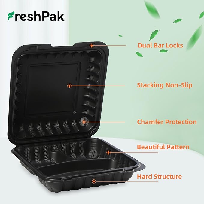 Food Containers Mineral Filled PP 55 Pack - 8x8 34 oz Shrink Wrap BPA Free Plastic | Stackable Storage Clamshell Takeout Container | Reusable Microwave Safe | 3 Compartment Black Lunch Boxes