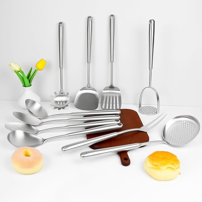 18/10 Stainless Steel Cooking Utensils Set, 10PCS Metal Kitchen Utensils Set for Wok,Kitchen Tools Set Come with Spoon, Fork, Spatula, Ladle, Skimmer, Turner, Pasta Server