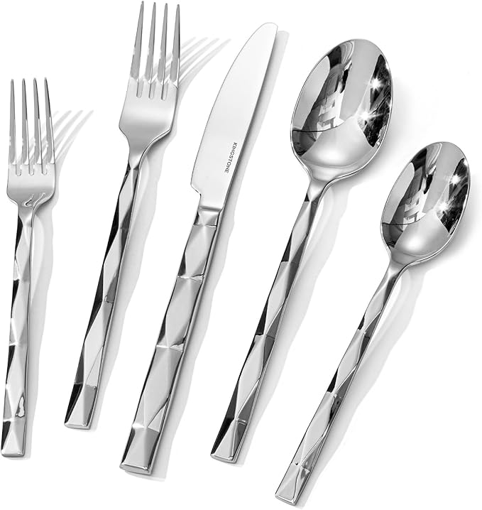 KINGSTONE Silverware Set, Luxury 5 Piece Flatware Set for 1, 18/10 Stainless Steel Cutlery Set with Diamond Cut Pattern for Kitchen, Home, Wedding, Party, Mirror Polished and Dishwasher Safe