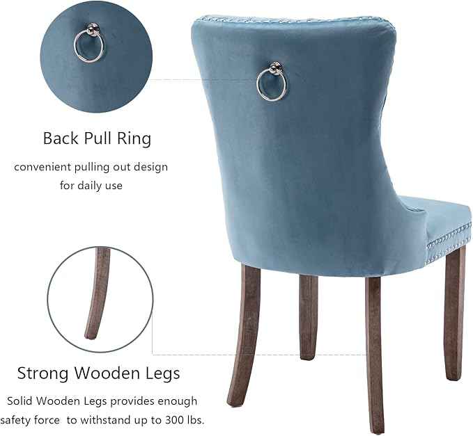 Upholstered Dining Chairs Set of 2, Velvet Dining Room Chairs with Back Ring Pull Trim and Solid Wood Legs, Tufted Wingback Kitchen Chair Perfect for Dining Room,Living Room,Kitchen(Light Blue)