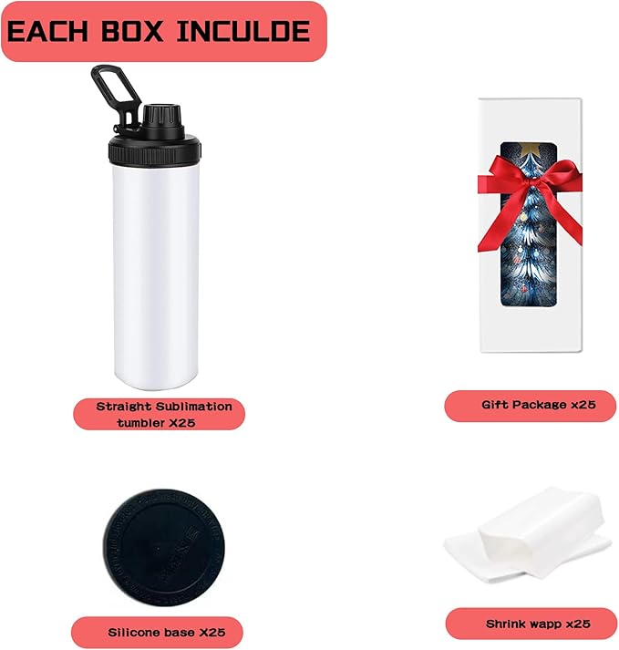 25 Pack 20oz Sublimation Tumblers Bulk With Flat Edge, 20OZ Flat Sublimation Tumbler Blank, Skinny Straight Stainless Steel Blanks Cups with Individual Box (25, HANDLE LID B)