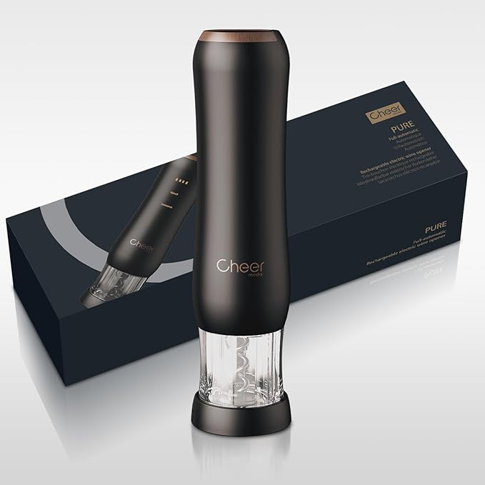 CHEER MODA Automatic Electric Wine Opener, Rechargeable Cordless Corkscrew with Pressure Sensor, Button-Free One-Touch Design, Includes Foil Cutter, Modern French Design Wine Opener Gift (Black-1990S)