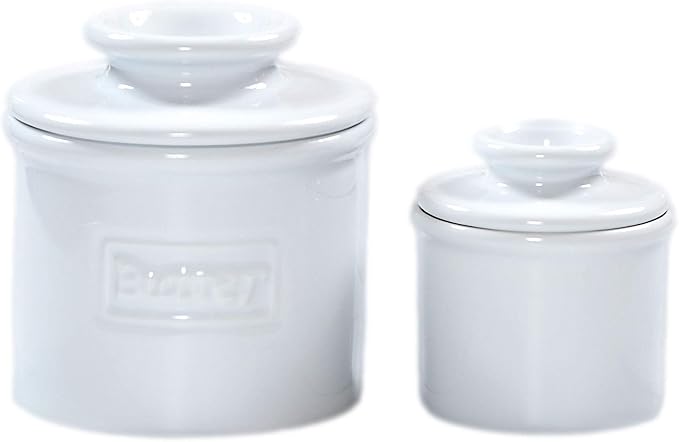Butter Bell - The Original Butter Bell crock by L Tremain, a Countertop French Ceramic Butter Dish Keeper for Spreadable Butter, Café Retro & Petite White Gift Set