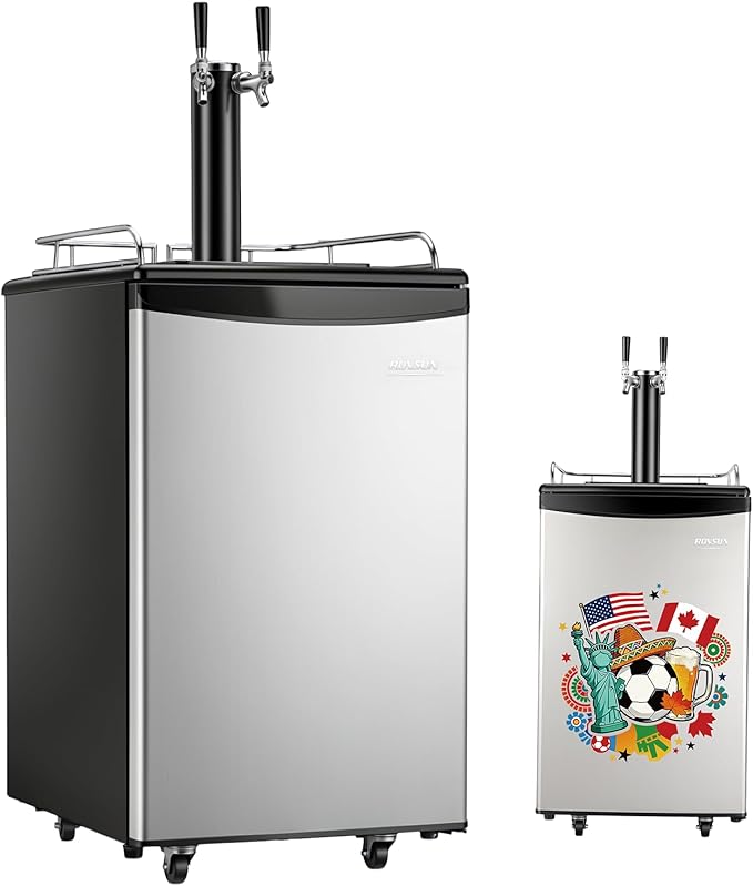 ROVSUN BF-152 Full Size 5.4 Cu.Ft, Beer Kegerator with CO2 Tank Included, Draft Beer Dispenser for Home Bar, 152L Beverage Refrigerator Direct Cool, Metal Cabinet, Dual Tap, Silver