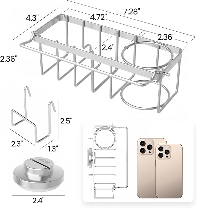 TAILI 4-in-1 Sponge Holder for Kitchen Sink with Strong Suction Cup Removable, Rustproof Stainless Steel Sink Caddy for Sponge, Brush, Scrubber, Scraper -Silver